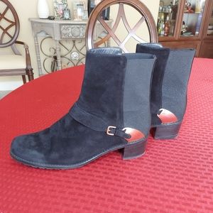 Stuart Weitzman Black Suede Boots with Gold Buckle